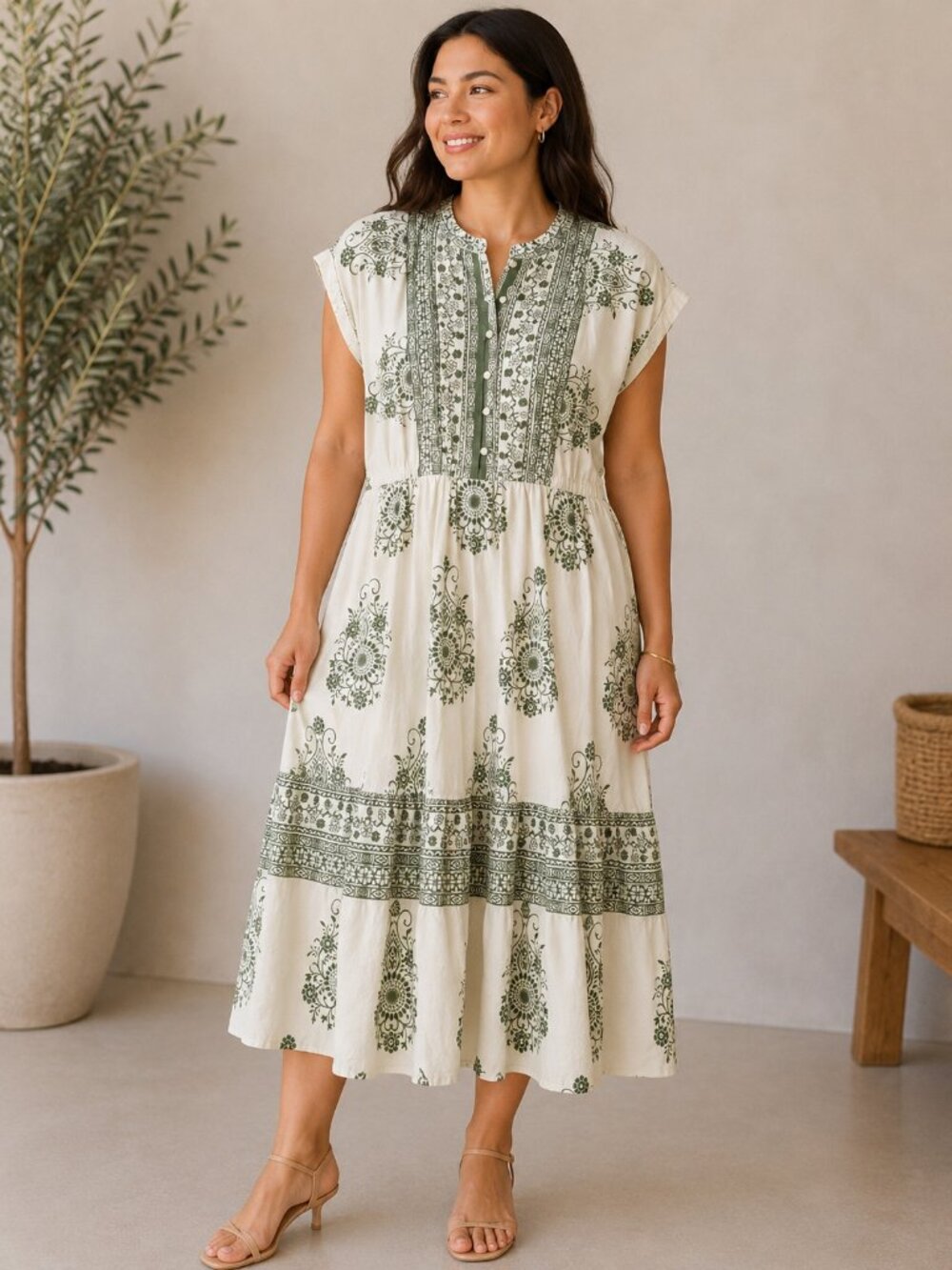 Kaktus Cream Maxi Dress with Green Print